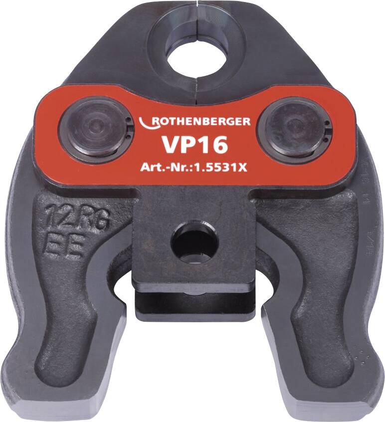 Presszange 'ROTHENBERGER VP16' mit zwei Befestigungsbolzen und roter Beschriftung.