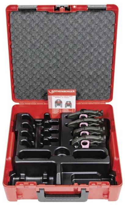 Offener roter Kunststoff-Werkzeugkoffer von ROTHENBERGER, in dem verschiedene Rohrabschneider und Werkzeugteile übersichtlich und ordentlich angeordnet sind.