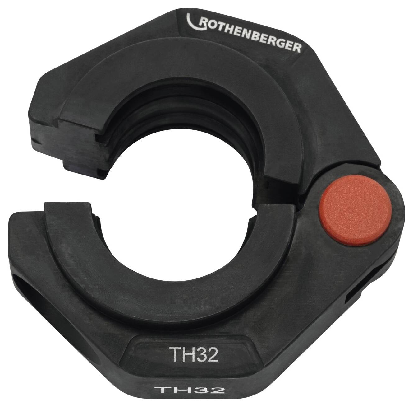 Rothenberger TH32 schwarzer Rohrpresswerkzeug mit rotem Knopf, entwickelt für effizientes Sichern von Rohranschlüssen.