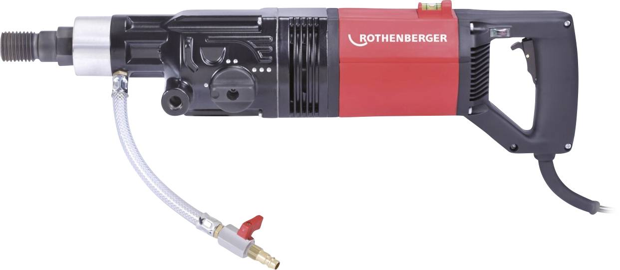Eine rote und schwarze elektrische Bohrmaschine mit Wasseranschluss und der Markenbezeichnung 'Rothenberger'. Geeignet für Schwerlastaufgaben.