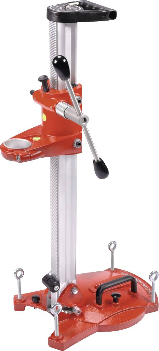 Rote Bohrständer mit verstellbaren Klammern und einer stabilen Basis zum Befestigen von Bohrern. Er verfügt über eine vertikale Säule mit einem Griff für präzise Positionierung.