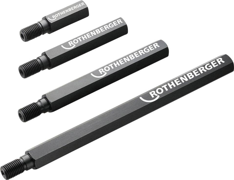 Vier schwarze Rothenberger-Bohrerweiterungen unterschiedlicher Längen, horizontal ausgerichtet, mit weißem Markennamen.