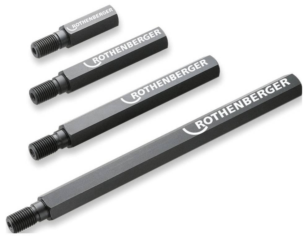 ROTHENBERGER-Verlängerungen in vier Größen, mit Markemlogo auf jedem Stück. Für rohrbezogene Arbeiten gedacht, bieten verschiedene Längen Vielseitigkeit.