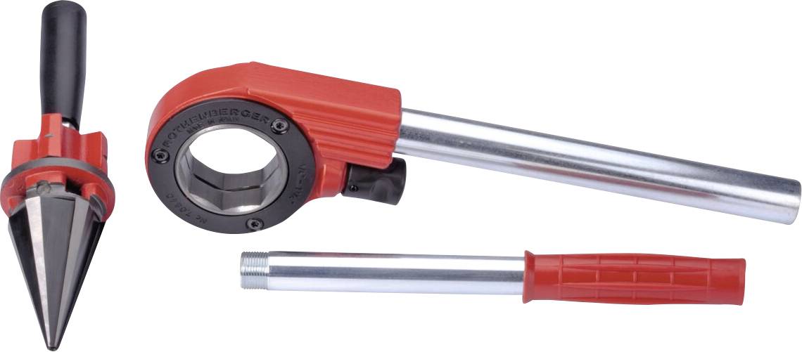 Ein roter und silberner Rohrentgrater mit einem Griff und einem abnehmbaren konischen Entgratungseinsatz, der zum Entgraten von Rohrkanten in der Sanitär- und Metallbearbeitung verwendet wird.