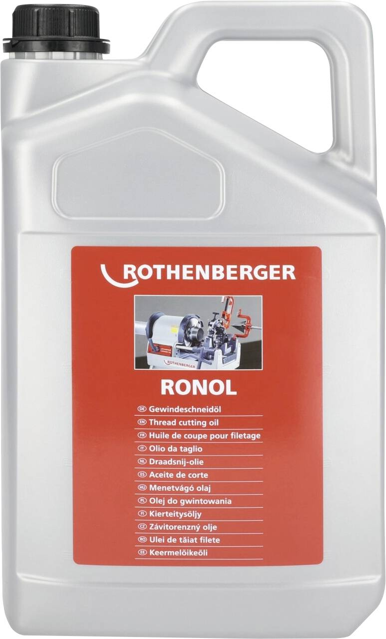 Rothenberger RONOL Gewindeschneidöl-Behälter; silbern mit einem roten Etikett, das Produktdetails und ein Bild von der Verwendung mit Maschinen enthält.