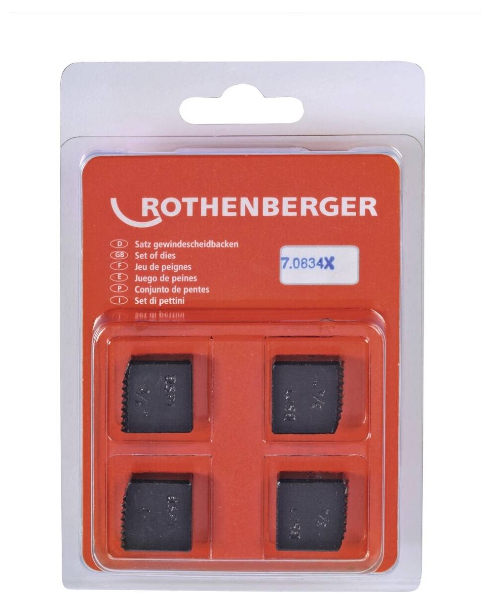 Blisterpackung der Marke 'Rothenberger', die einen Satz von Matrizen enthält, Artikelnummer 7.0834X. Die Verpackung zeigt vier schwarze Stücke, in vier Sprachen beschriftet.