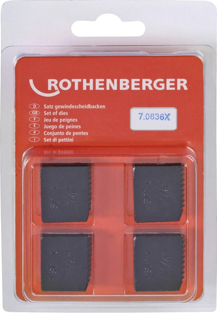 Eine Blisterpackung mit vier schwarzen Gewindeschneideinsätzen, gekennzeichnet mit 'Rothenberger 7.0836X', mit mehrsprachigem Text für 'Satz Gewindeschneider'.