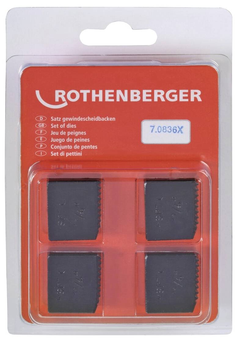 Eine mit der Marke 'ROTHENBERGER' versehene rote Verpackung mit einem Satz von vier schwarzen Schneidbacken zum Gewindeschneiden, oben rechts mit '7.0836X' gekennzeichnet.