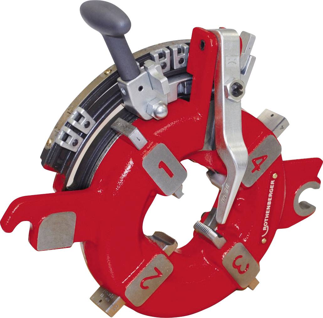 Ein roter Rohrbieger mit beschrifteten Einstellungen und einem Hebel zum Biegen von Rohren ist zu sehen. Er verfügt über verschiedene Schlitze für unterschiedliche Rohrdurchmesser.