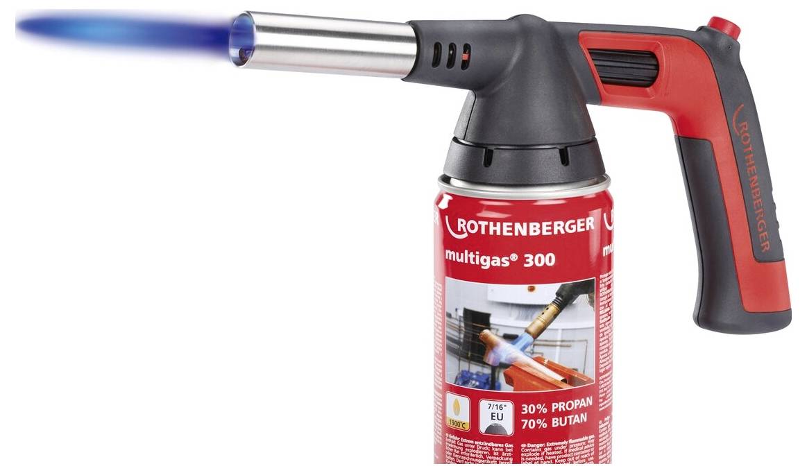 Roter Rothenberger Mehrgasbrenner 300 mit blauer Flamme, ausgestattet mit schwarzem Griff und Auslöser. Propan- und Butanmischung, 30% und 70%.