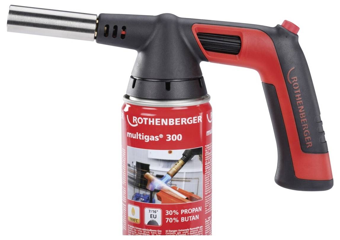Ein rot-schwarzer Gasbrenner mit der Beschriftung 'ROTHENBERGER multigas 300'. Er verwendet eine Gasmischung aus 30% Propan und 70% Butan.