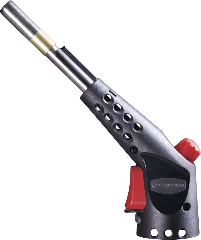 Eine schwarze und rote kulinarische Gasbrenner mit einem gelochten Griff und einer Metalldüse, verwendet für Aktivitäten wie das Karamellisieren von Zucker oder das Anbraten von Lebensmitteln.