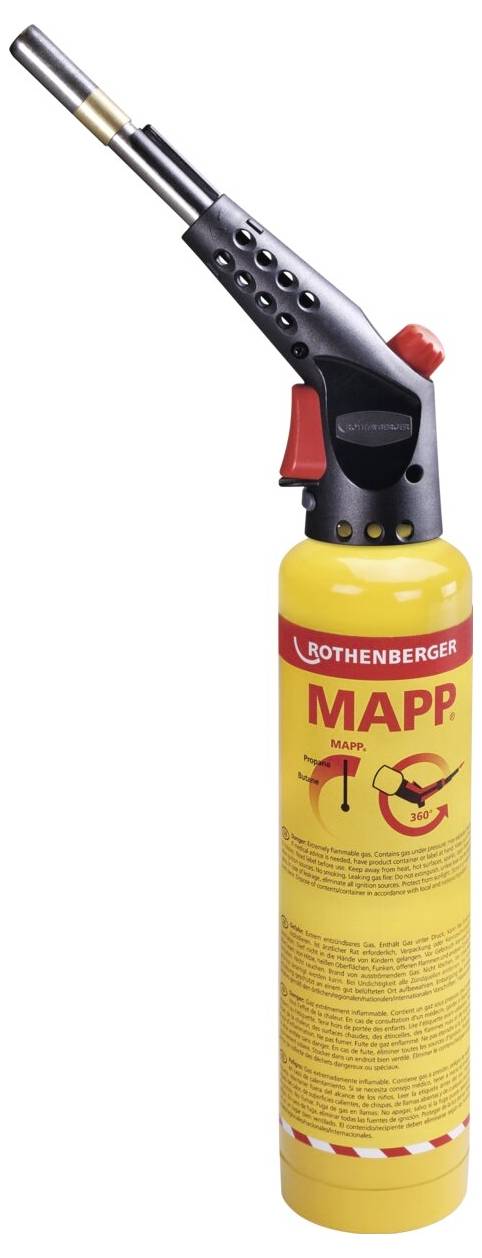 Eine gelbe Rothenberger MAPP-Gasfackel mit rotem Auslöser und Sicherheitsverriegelung, die für Anwendungen mit hohen Temperaturen wie zum Beispiel Löten verwendet wird.