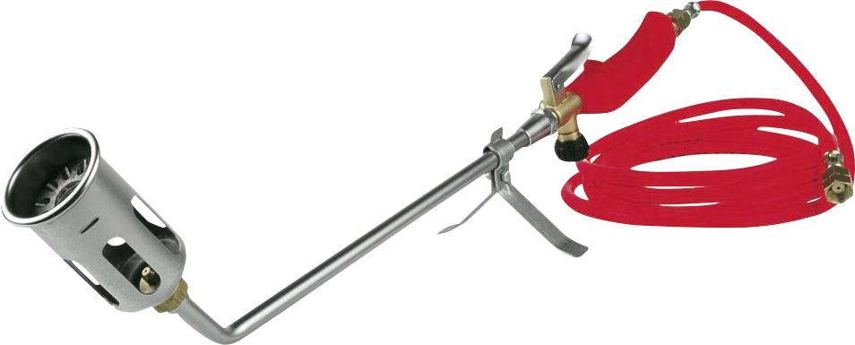 Ein Brenner mit langem Griff und rotem Schlauch, verwendet für Aufgaben wie Farbentfernung oder Löten, vor einem einfarbigen Hintergrund präsentiert.