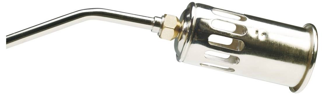 Ein Metalllötbrenner mit einem gekrümmten Düsenkopf und geschlitztem Schutzschild, konstruiert zur Ausrichtung einer präzisen Flamme, verwendet beim Schweißen oder ähnlichen Arbeiten.