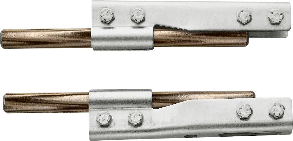 Zwei metallische Scharnierhalterungen mit angebrachten Holzstäben, versehen mit mehreren Schrauben für eine sichere Befestigung. Die Draufsicht zeigt die offene Position.