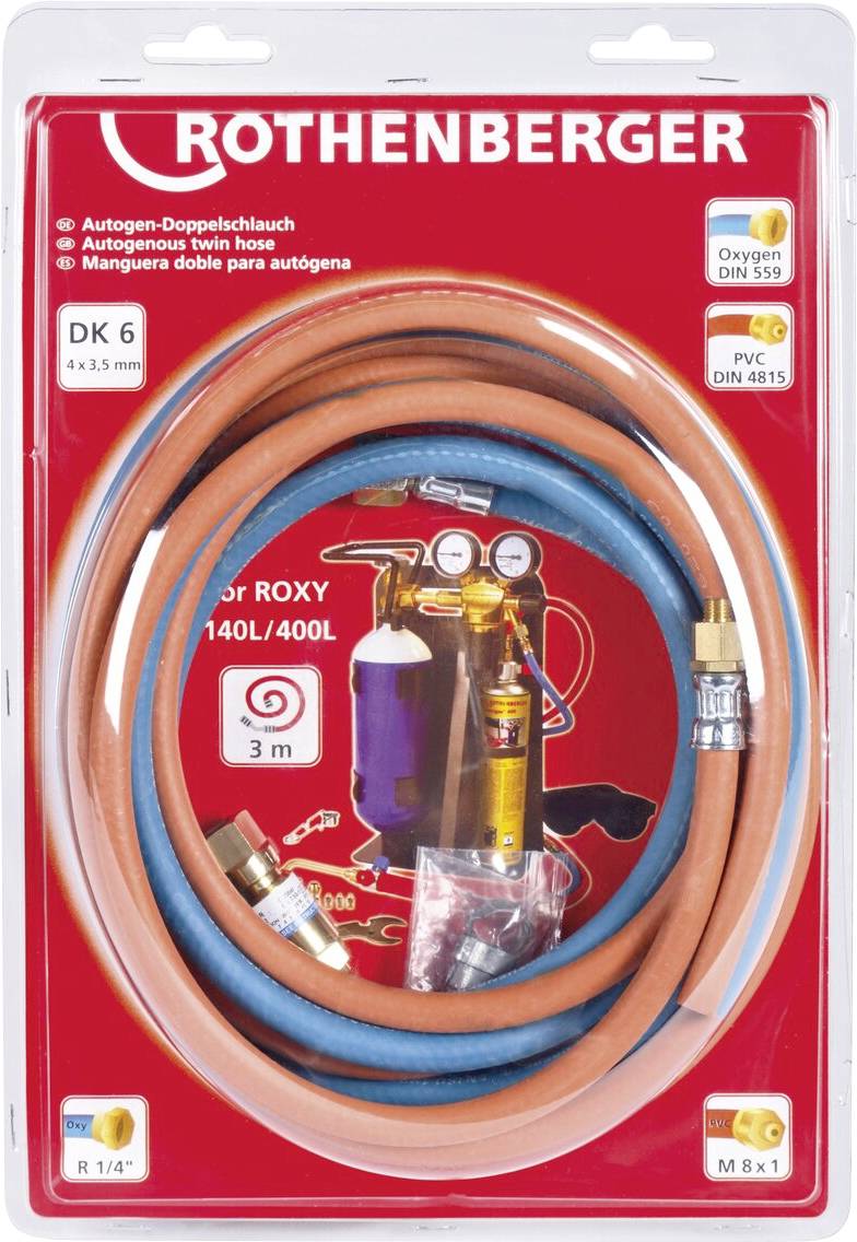 Ein verpackter Satz Rothenberger autogene Zwillingschläuche für Gasschweißen, Modell DK 6, 3 Meter lang, mit roten und blauen Schläuchen und Anschlüssen.