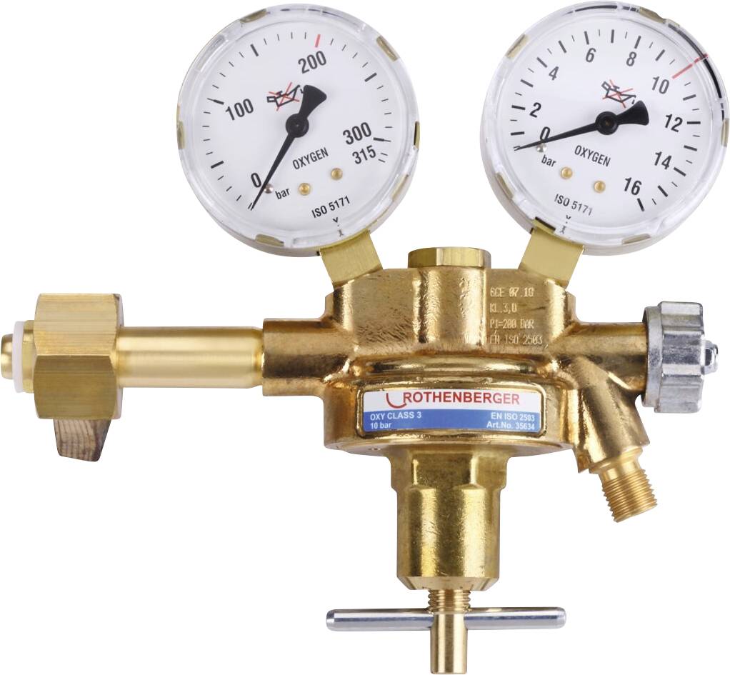 Sauerstoff-Druckregler mit zwei Manometern, die Druckwerte in Bar anzeigen, angeschlossen an einen Messingfitting, mit der Bezeichnung 