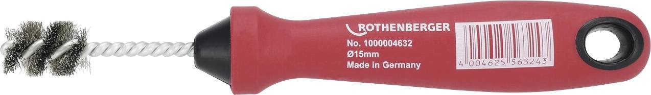 Ein roter Rothenberger Drahtbürste mit einer verdrehten Metallborsten-Spitze, gekennzeichnet mit 'Rothenberger, No. 1000004562, Ø 15mm, Made in Germany.'