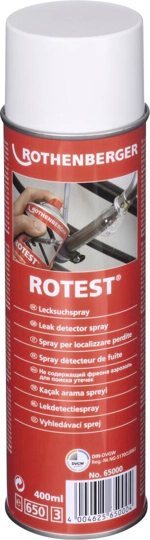 Rothenberger Rottest Lecksuchspray in einer roten Aerosoldose. Entwickelt zum Aufspüren von Lecks in Rohrleitungen. 400 ml Größe.