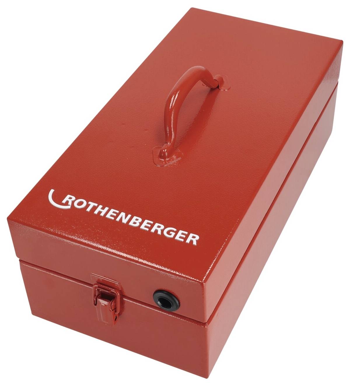 Rote Rothenberger-Werkzeugkiste mit Griff, geschlossenem Deckel und Verschluss, verwendet zur Aufbewahrung von Werkzeugen.