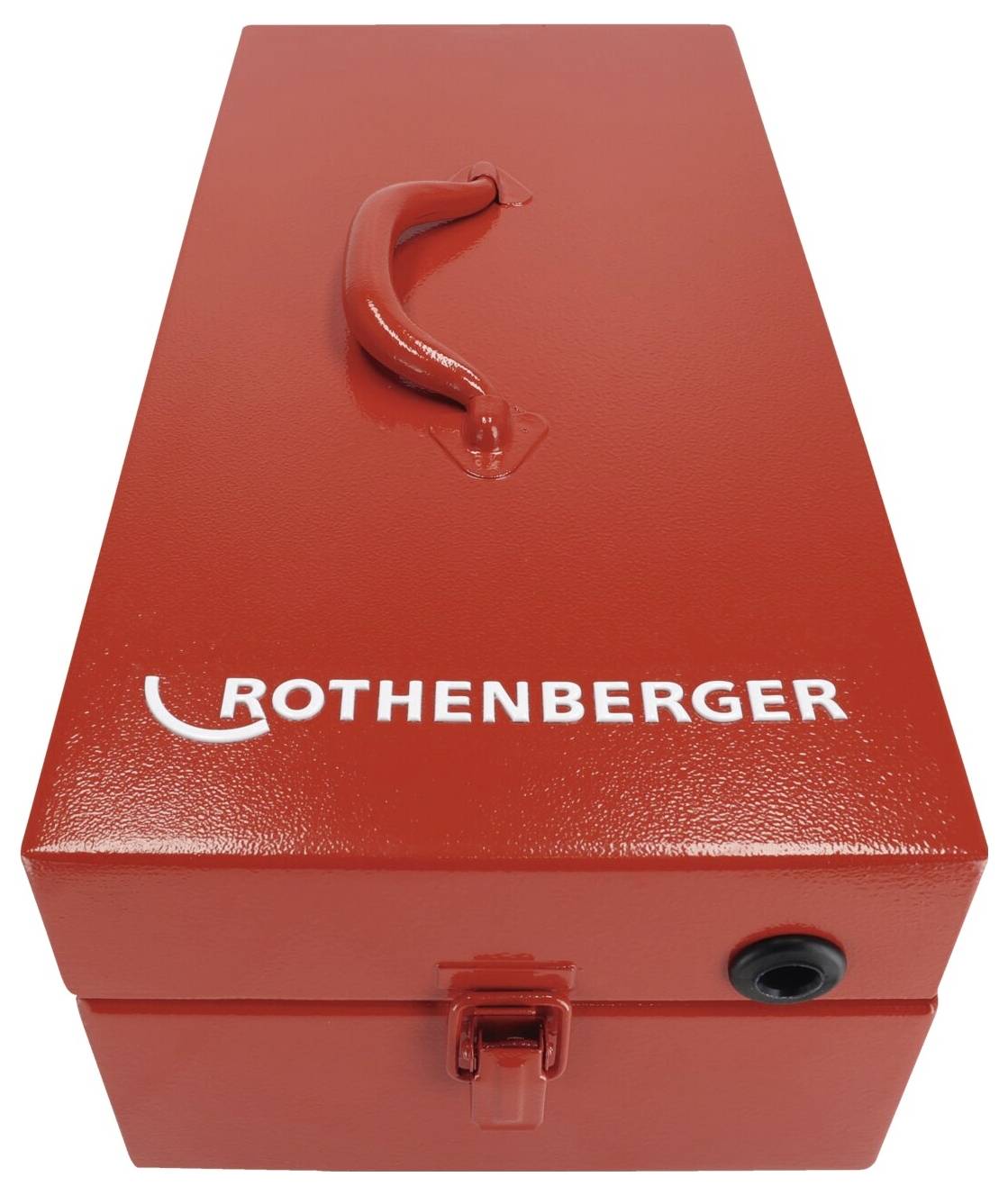 Eine rote rechteckige Werkzeugkiste mit einem Griff oben, die mit weißem Text 'ROTHENBERGER' beschriftet ist.