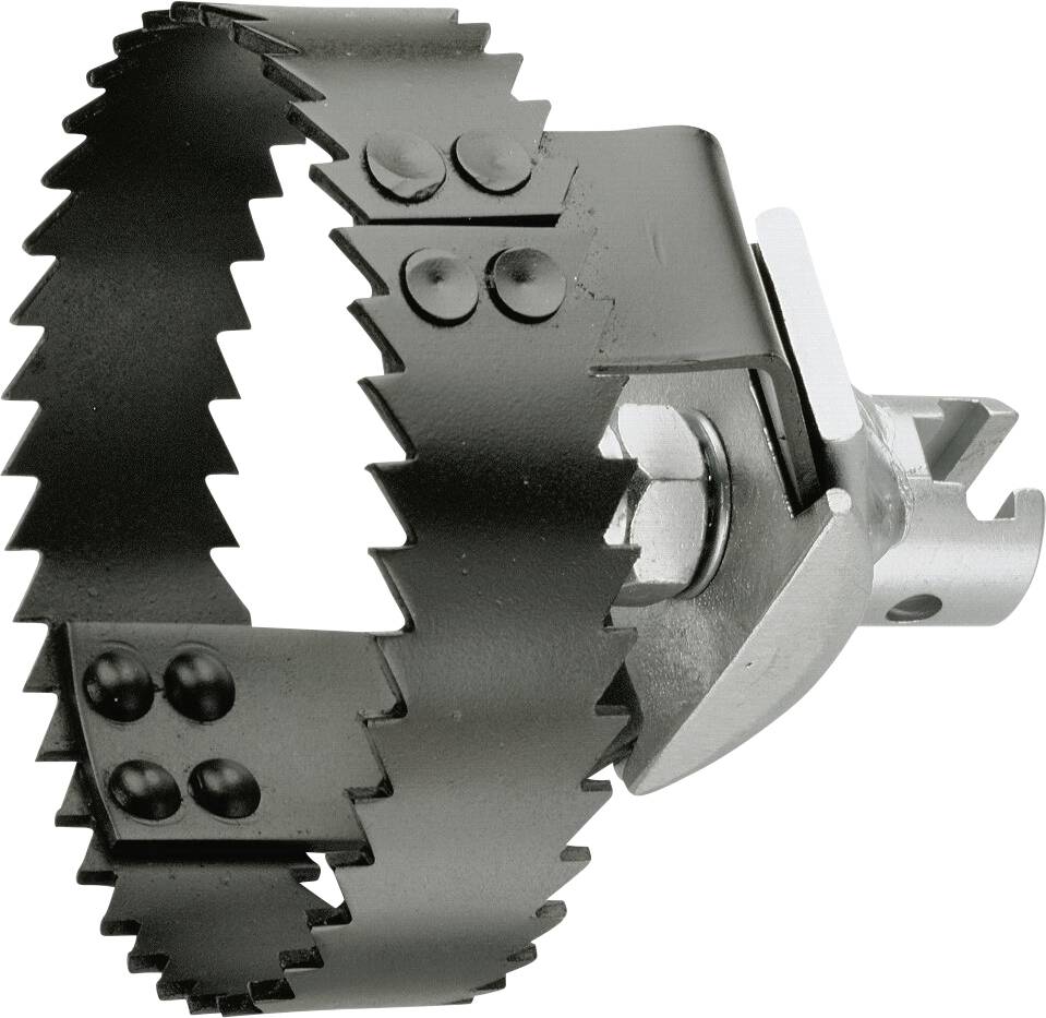 Ein Lochsägeaufsatz aus Metall mit gezackten Zähnen zum Schneiden von kreisförmigen Löchern in verschiedenen Materialien, mit einem zentralen Bohrer für Präzision.