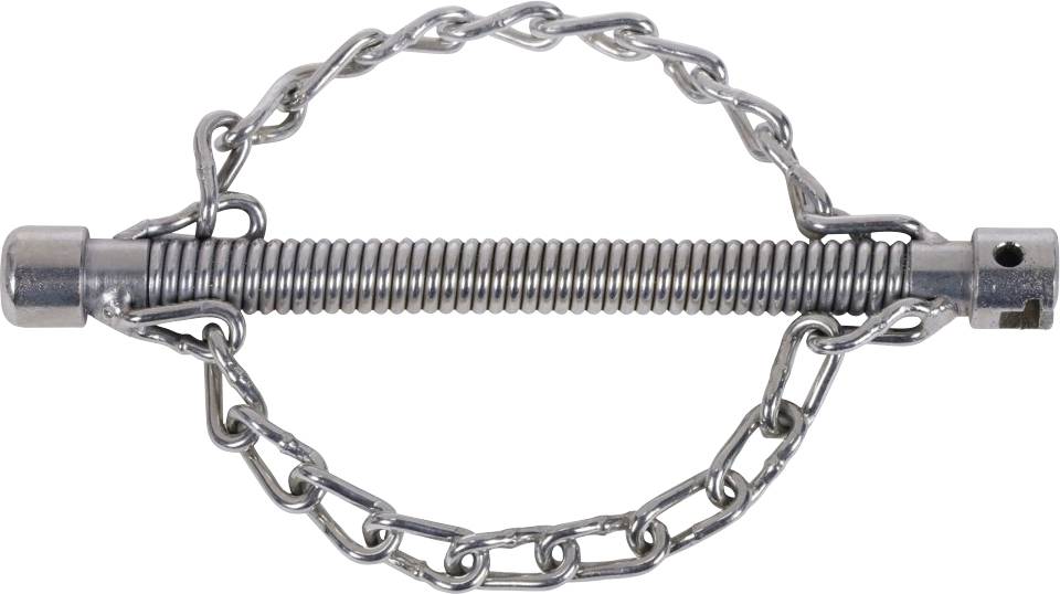 Eine Metallfeder mit Sicherungsbolzen und angehängter Kette, die zur Befestigung von mechanischen Teilen oder Verbindungen verwendet wird.