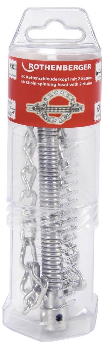 Ein verpacktes Kettendrehkopf-Werkzeug mit zwei angebrachten Ketten, gekennzeichnet mit 'Rothenberger.'