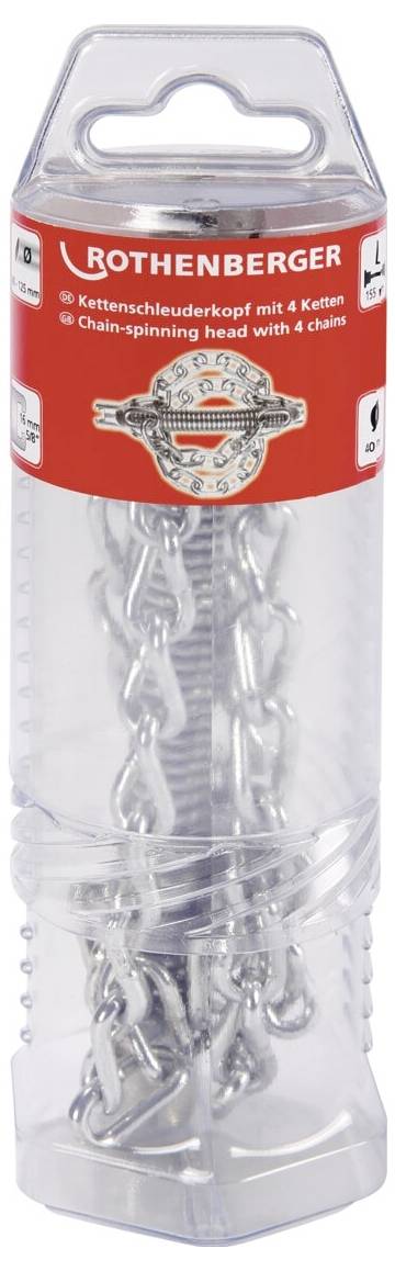 Eine transparente Plastikverpackung enthält einen kettenspinnenden Kopf mit vier Ketten der Marke Rothenberger. Das Etikett zeigt Produktdetails.