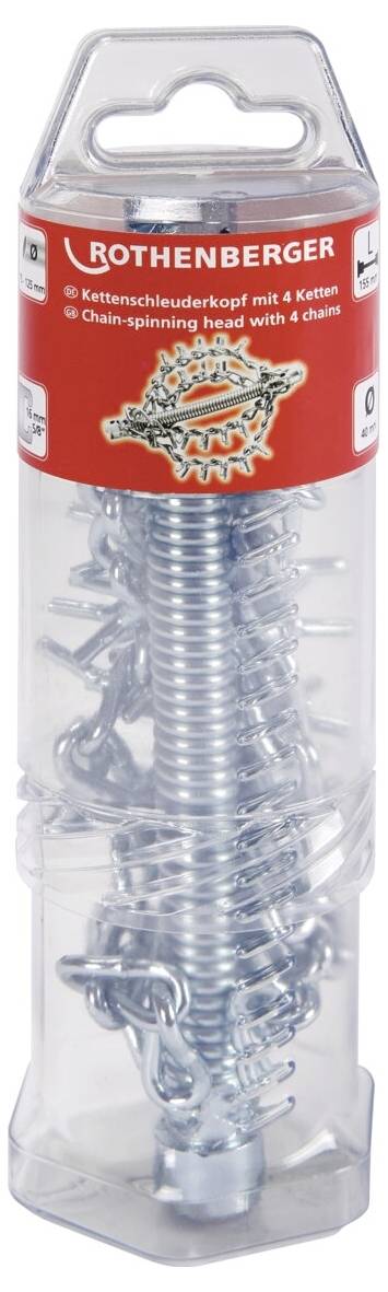 Verpackung einer Kettenspindelbürste mit 4 Ketten von Rothenberger. Transparente Plastikbox zeigt Metalltool im Inneren.