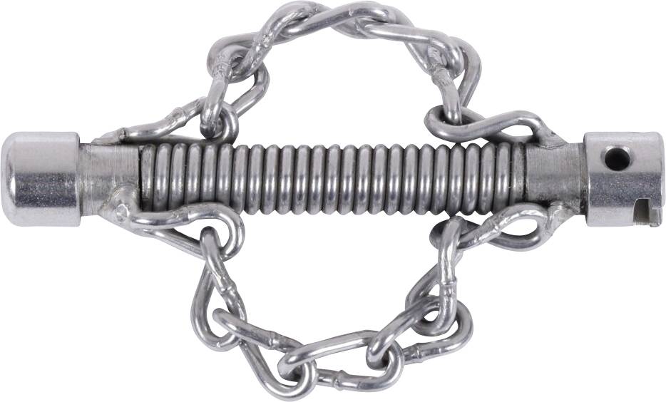 Eine gewickelte Metallfeder, gesichert mit einer Kette, die Hardwareelemente präsentiert.