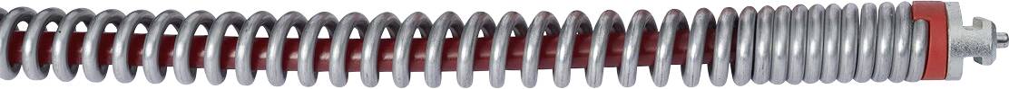 Ein Nahaufnahmebild einer roten und grauen gewickelten Metallfeder, horizontal dargestellt.