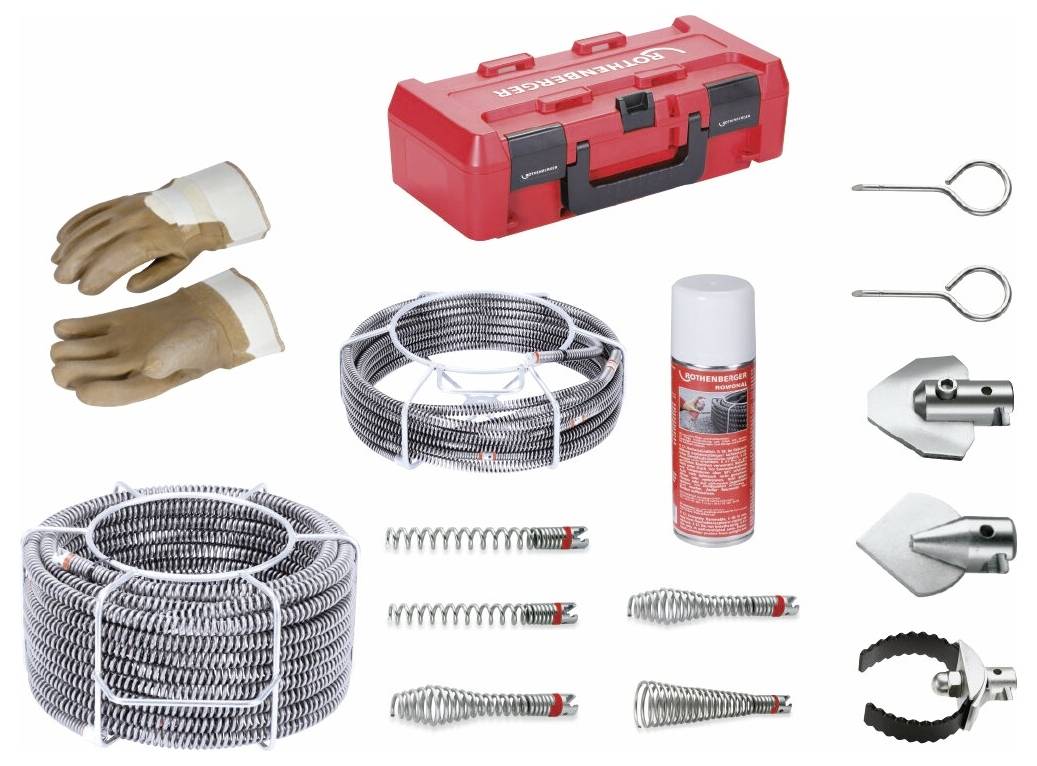 Rohrreinigungswerkzeug-Set mit roter Werkzeugbox, zwei aufgewickelten Kabeln, Handschuhen, Sprühdose und verschiedenen Anbauteilen einschließlich Federn und Klingen.