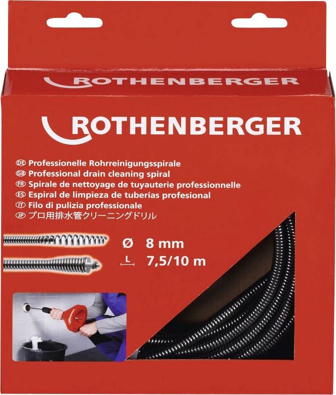 Rote Verpackung eines Rothenberger Professional-Rohrreinigungsspirals, 8 mm Durchmesser und 7,5/10 m Länge, mit Produktabbildungen.