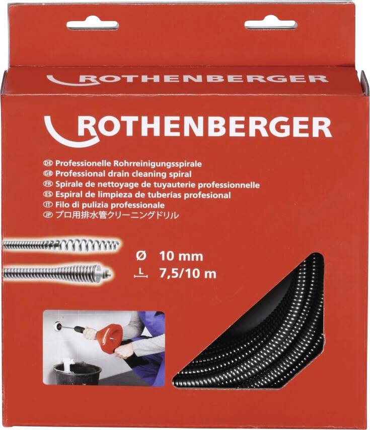 Rote Kiste mit der Marke 'Rothenberger', die eine professionelle Rohrreinigungsspirale enthält. Text zeigt einen Durchmesser von 10 mm und eine Länge von 7,5/10 m.