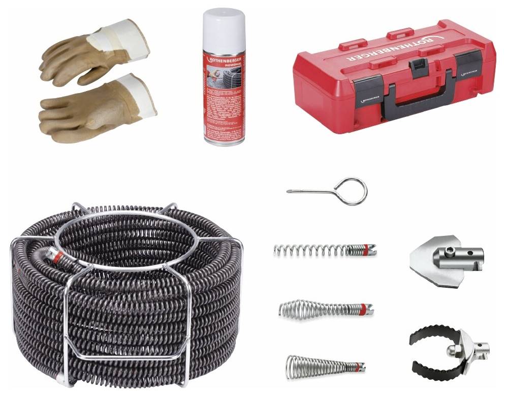 Rohrreinigungsset mit Handschuhen, Sprühdose, roter Werkzeugbox, gewundener Rohrspirale, verschiedenen Aufsätzen für unterschiedliche Rohrreinigungsanforderungen.
