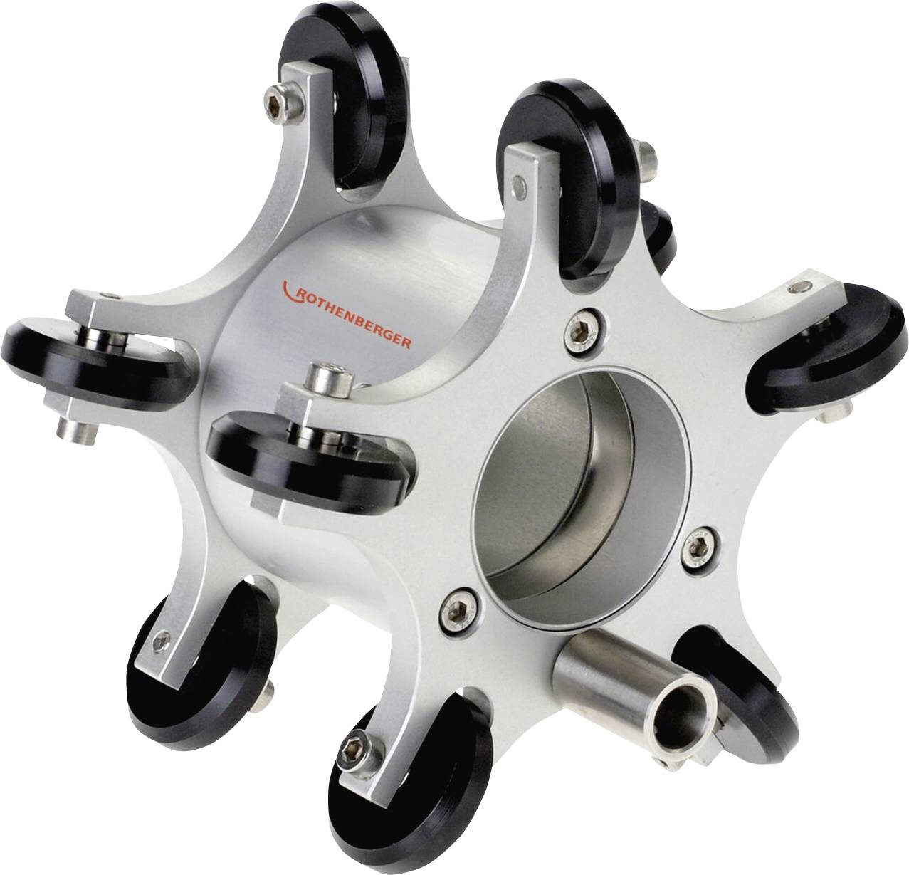 Ein zylindrischer Werkzeug mit schwarzen Rollen und silbernen Metallarmen, wahrscheinlich zum Rohrabschneiden oder Rohrwalzen verwendet. Ein kleines Logo ist sichtbar.