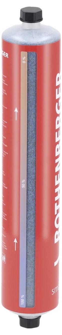 Rote zylindrische Gaspatrone mit schwarzen Verschlusskappen, Marke 'Rothenberger'; enthält Positionsanzeiger und Prozentskala mit Farbverlauf.
