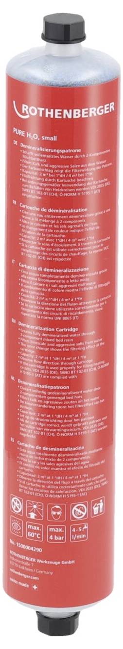 Eine rote Rothenberger-Gaskartusche mit Sicherheits- und Gebrauchsanweisungen in weißer Schrift, mit Sicherheitssymbolen am unteren Rand.