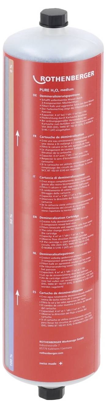 Großer roter ROTHENBERGER Gasbehälter mit schwarzem Deckel, auf dem Sicherheitshinweise und Produktdetails in weißer Schrift angebracht sind.