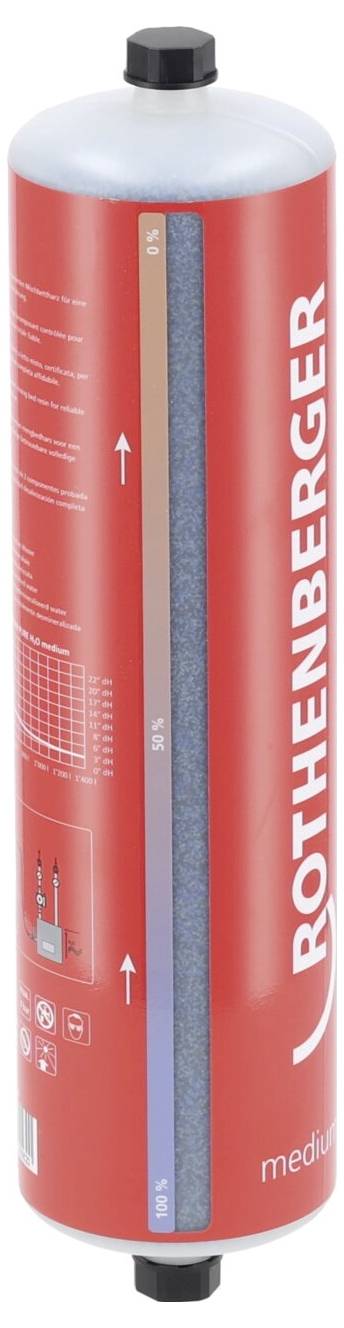 Eine rote zylindrische Gaspatrone mit schwarzem Deckel, markiert mit 'ROTHENBERGER'. Vertikales Etikett zeigt Graduierung der Prozentebenen.