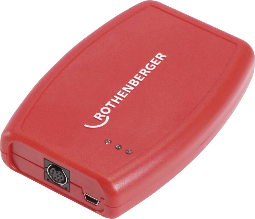 Ein rotes Rothenberger-Gerät mit Anschlussports und Anzeigelampen, verwendet für Klempnerarbeiten oder diagnostische Zwecke.