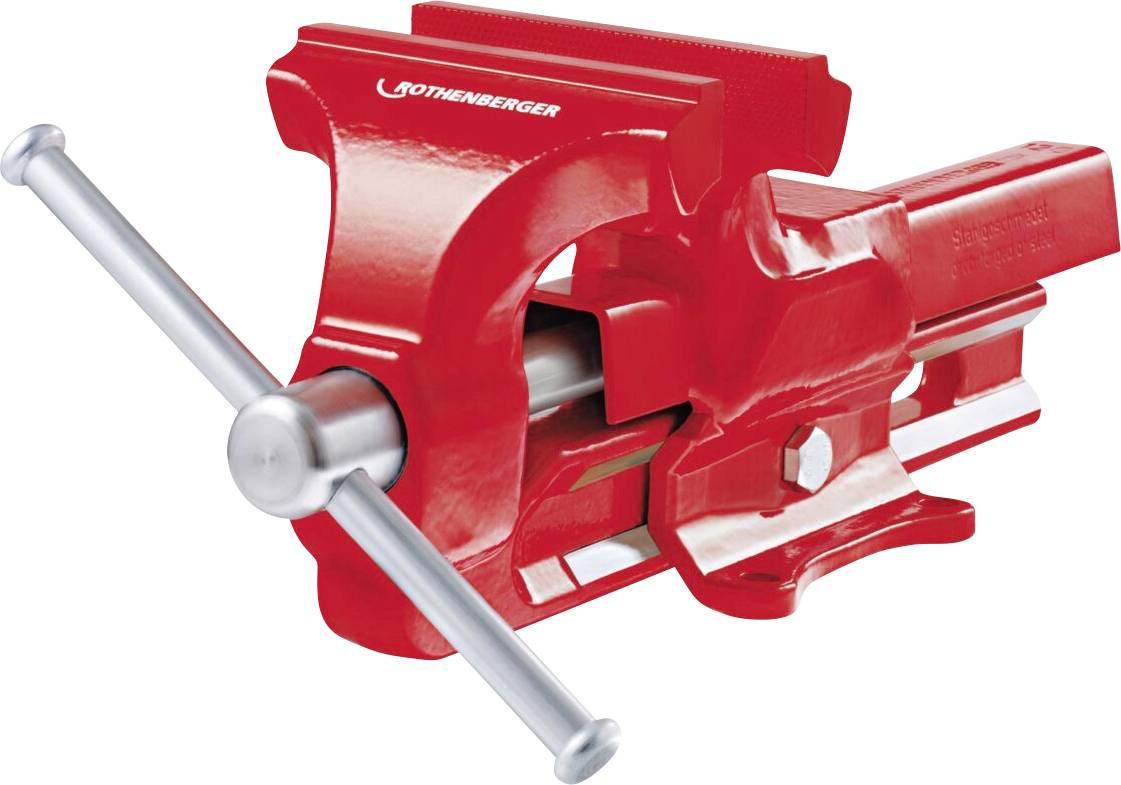 Eine rote, robuste Werkbank-Schraubstock mit einer Kurbel ist zu sehen. Er verfügt über Backen zum Greifen und Befestigen von Gegenständen und wird in Werkstattumgebungen verwendet.