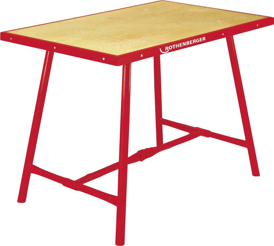 Eine rote Klappwerkbank mit einer Holzarbeitsplatte, auf deren Seite das 'ROTHENBERGER' Logo angebracht ist. Geeignet für verschiedene Werkstattaufgaben.