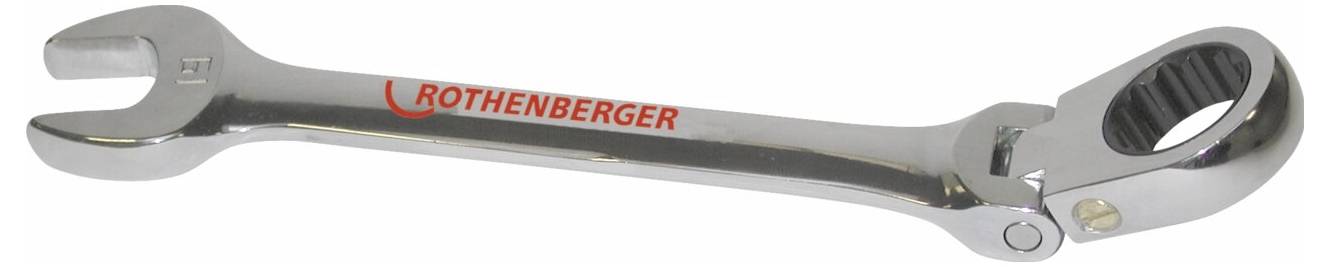 Ein silberner Gabelschlüssel mit einer Gabelseite und einer Ratschenkopfseite, mit dem Markennamen 'Rothenberger' in roter Schrift.