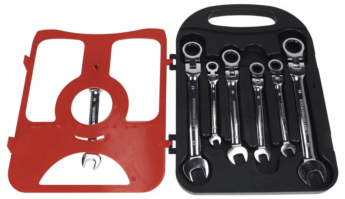 Ein Satz von sechs Knarrenschlüsseln in verschiedenen Größen, ordentlich in einem schwarzen Kunststoffkoffer mit abnehmbarer roter Abdeckung angeordnet.