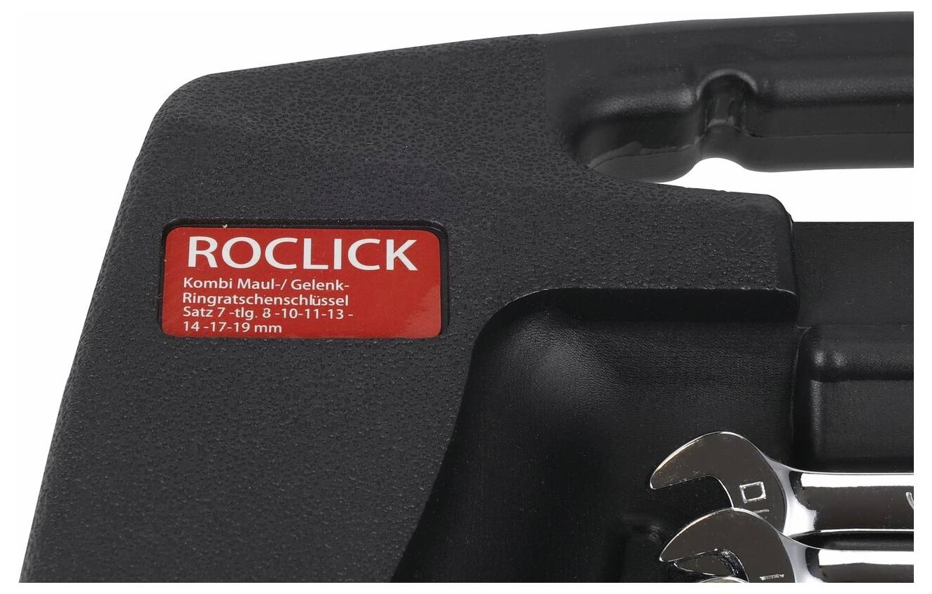 Werkzeugkoffer 'ROCLICK' mit sichtbaren Schraubschlüsseln, beschriftet als 'Kombi Maul/Gelenk-Ringschlüsselsatz, 7-tlg. 8-10-11-13-14-17-19 mm'.