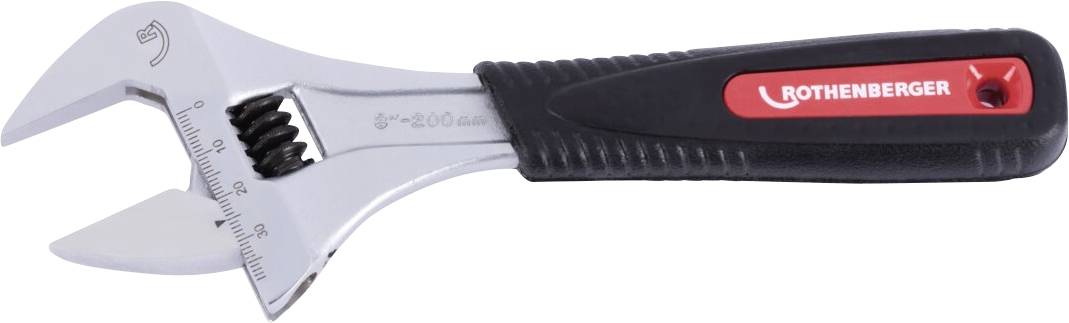Ein verstellbarer Schraubenschlüssel mit einem rot-schwarzen Griff, beschriftet mit 'Rothenberger'.