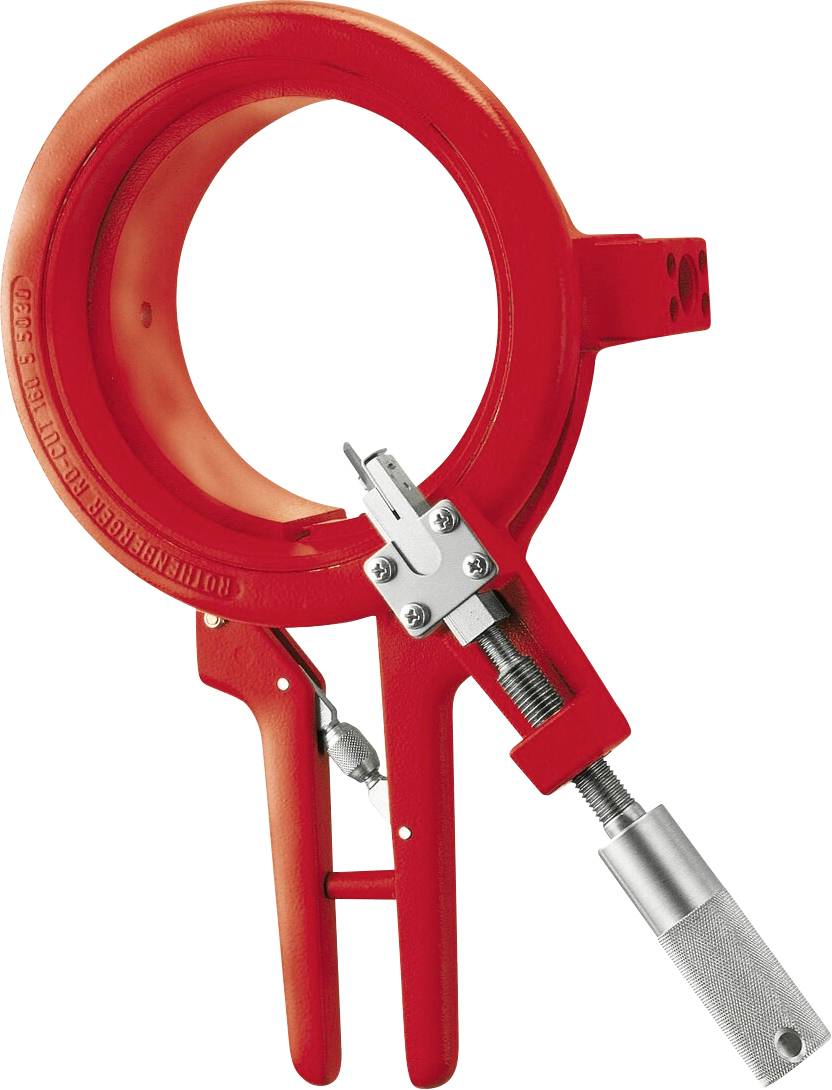 Roter Rohrabschneider mit Klammer, verstellbarer Schraube und Metallgriff, der für präzises Schneiden von Rohren bei Klempner- oder Bauarbeiten verwendet wird.